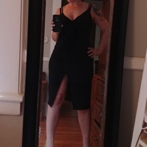 Black spaghetti-strap tank dress with front slit